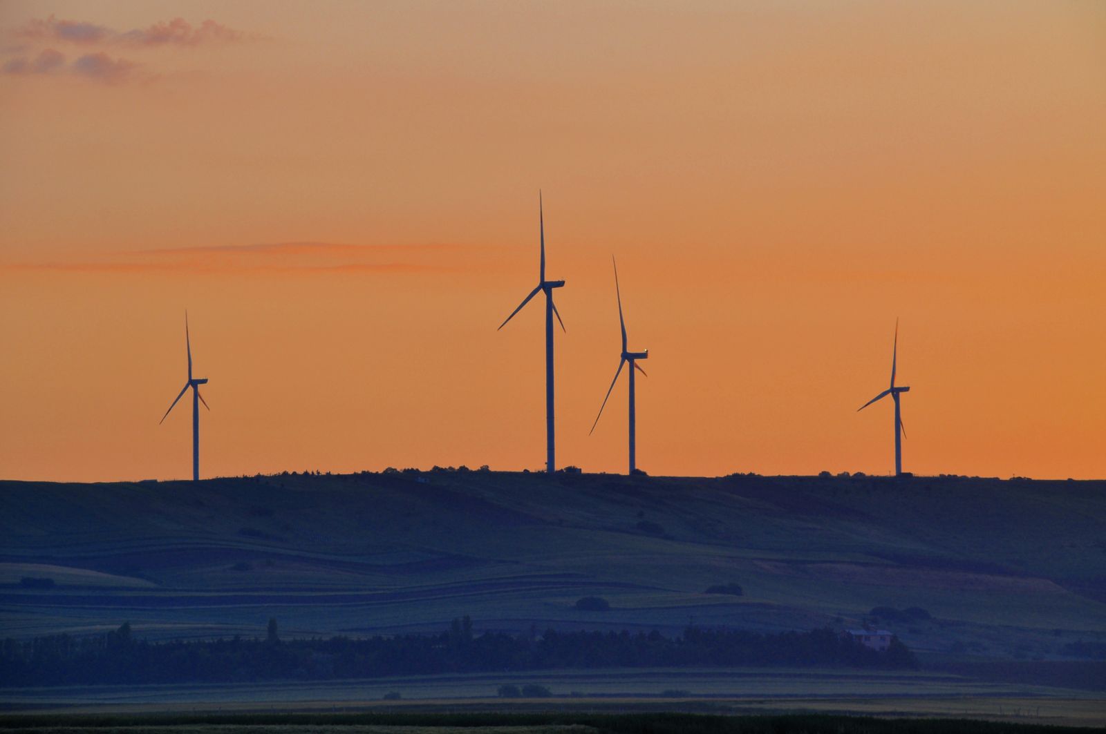 Wind turbines generating clean electricity at sunset